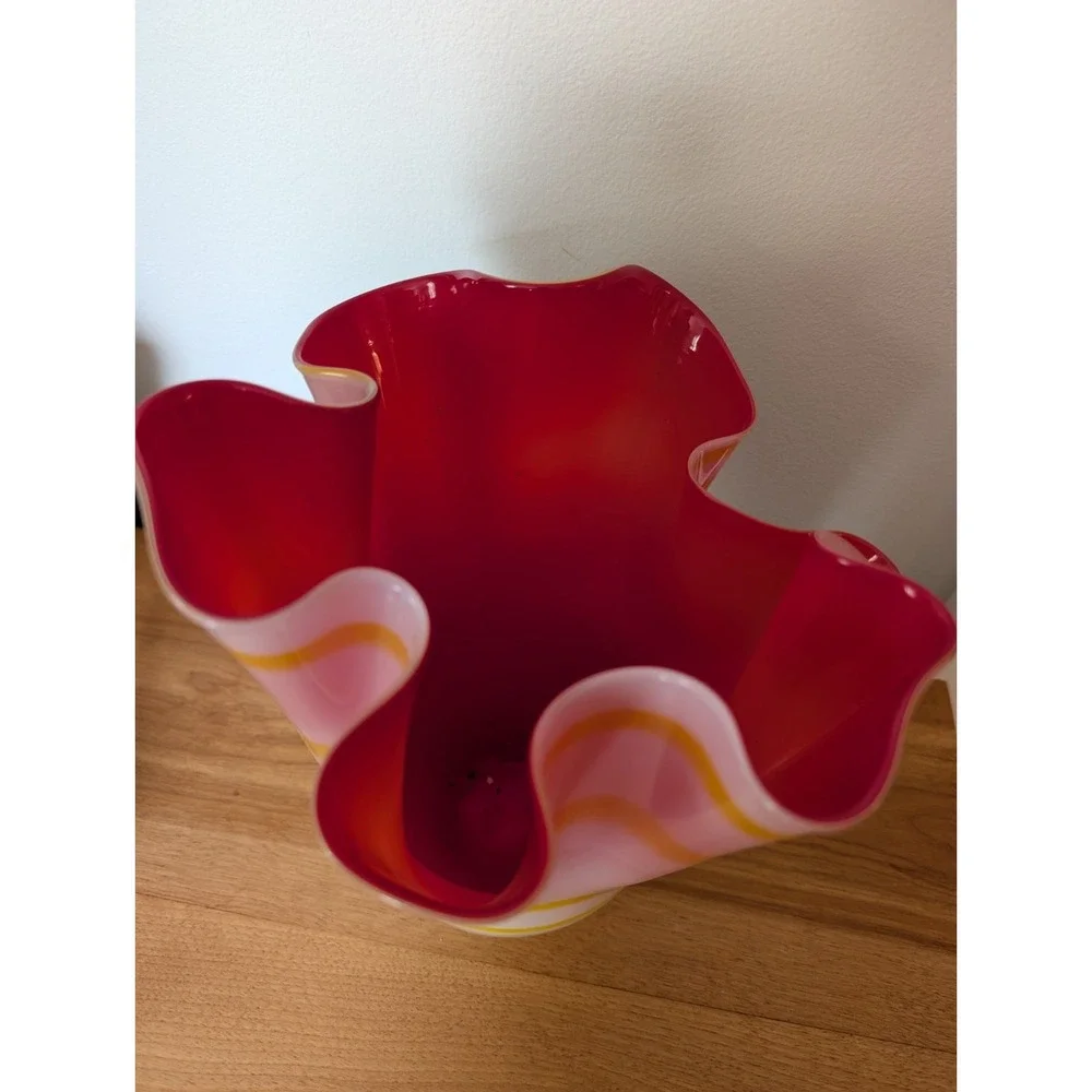 Pier 1 Imports Glass Vase Handkerchief Style Red‎ White with Yellow Stripes